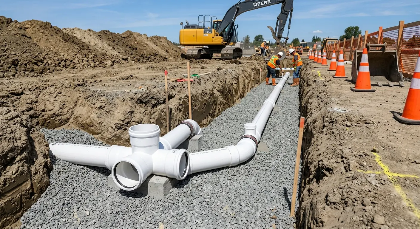 New PVC sewer pipe installation in open trench for Sewer Backup in Lugoff