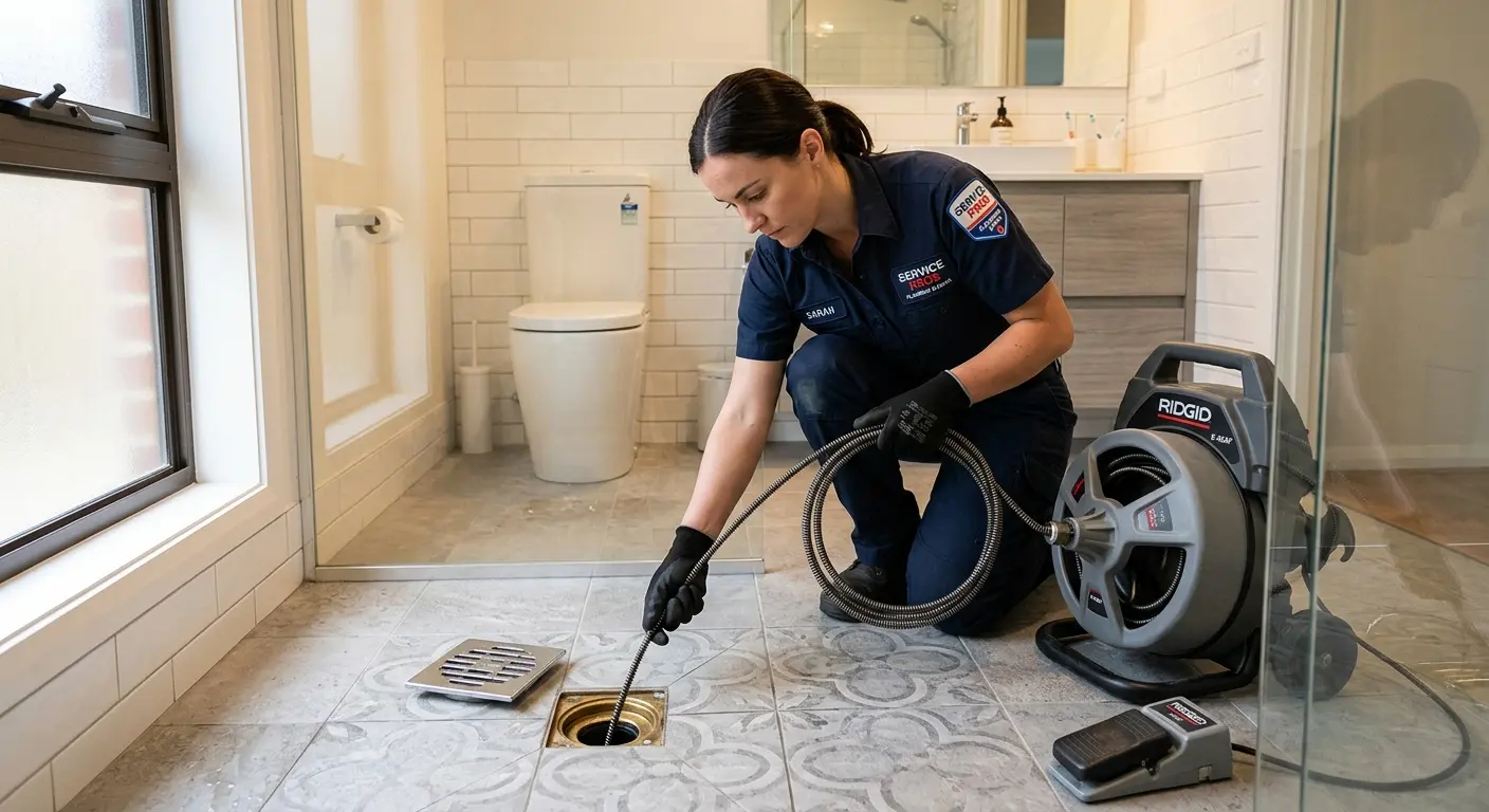 Technician clearing a bathroom floor drain for Drain Cleaning in Lugoff